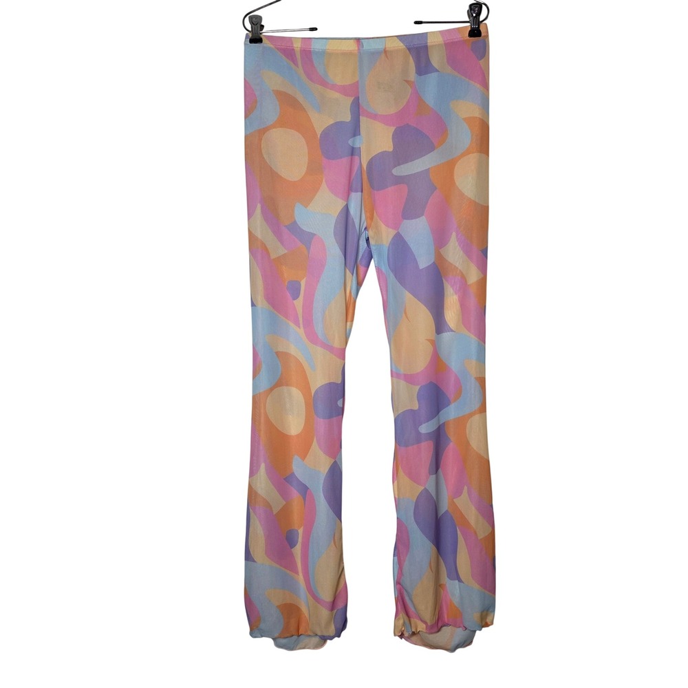 Abstract Psychedelic Mesh Flare Pants Large‎ Retro Swirl Print Pastel Multicolor